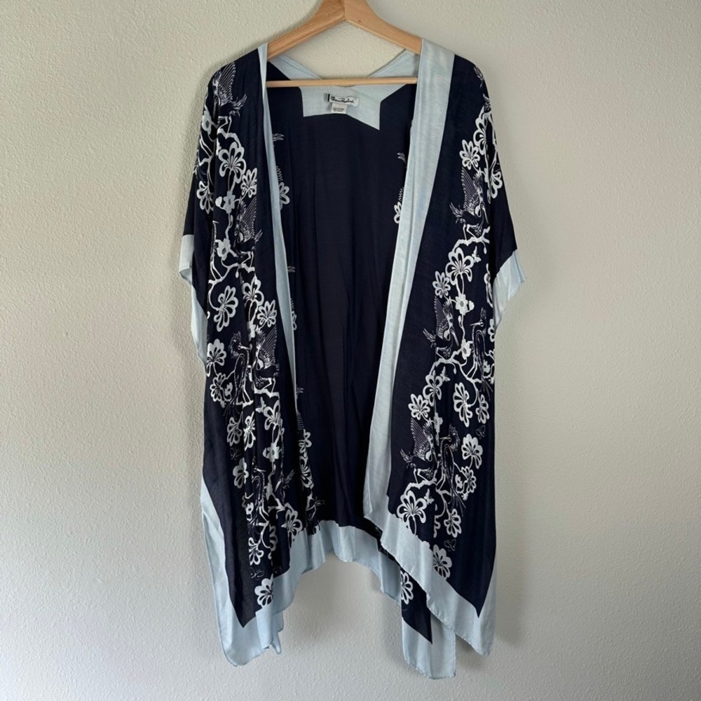 Navy Blue Floral Crane Bird Print Kimono Wrap 100% Viscose Handkerchief Festival